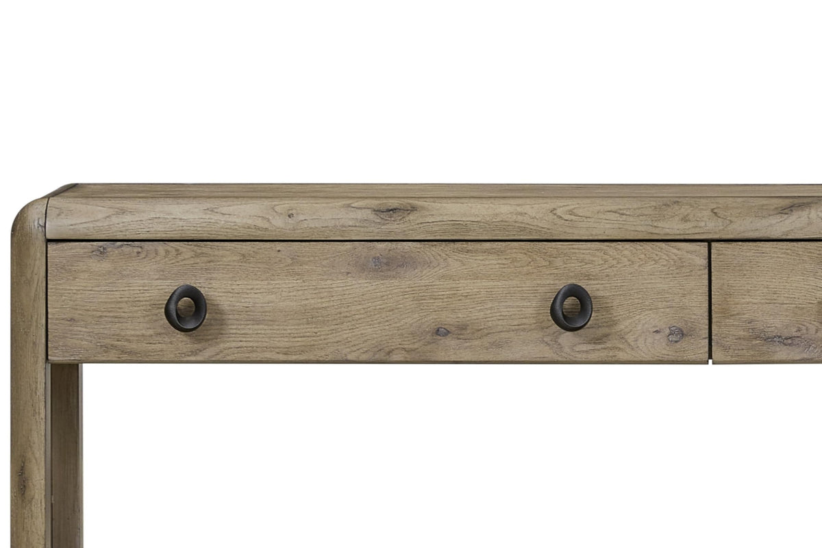 English Knotty Oak Console Table, Solid Wood and Engineered Wood Veneer, Two Self-Closing Drawers, Open Lower Shelf, Rounded Edges, 72 x 16 x 32.25 Inchs, Oak Finish W8725