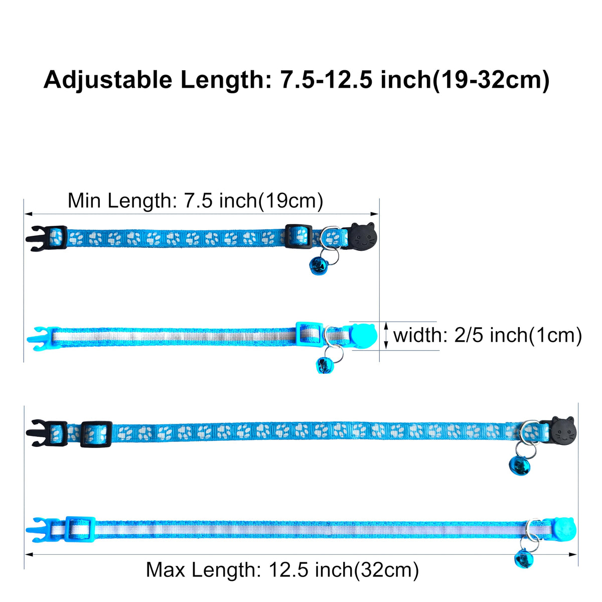 2 Pack Breakaway Cat Collars with Bells, Reflective, Claw Print, Sky Blue S873