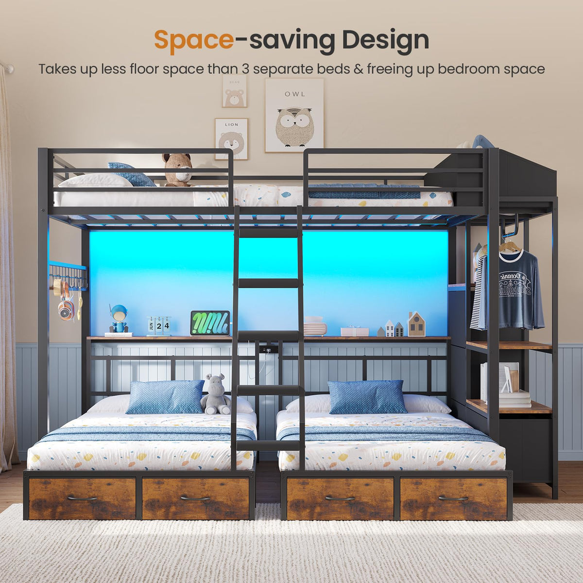 Black Triple Bunk Bed with 8 Storage Drawers and Stair V27205