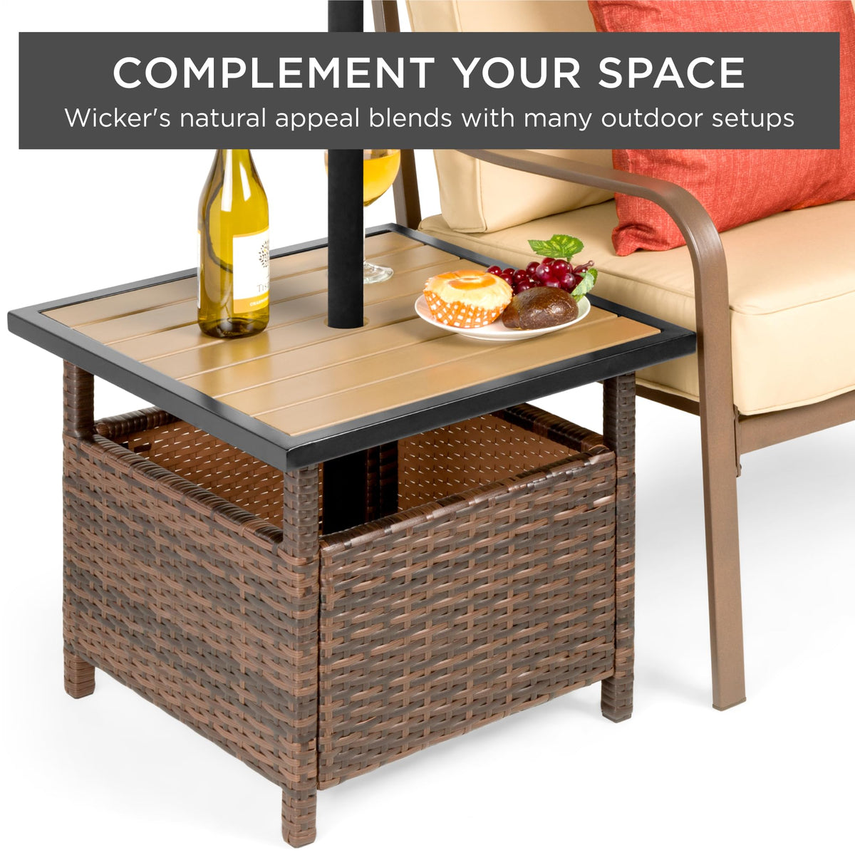 Brown Wicker Square Side Table with Umbrella Hole L169