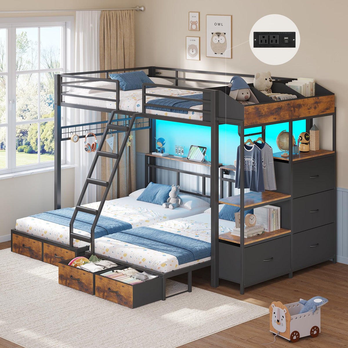 Black Triple Bunk Bed with 8 Storage Drawers and Stair V27205