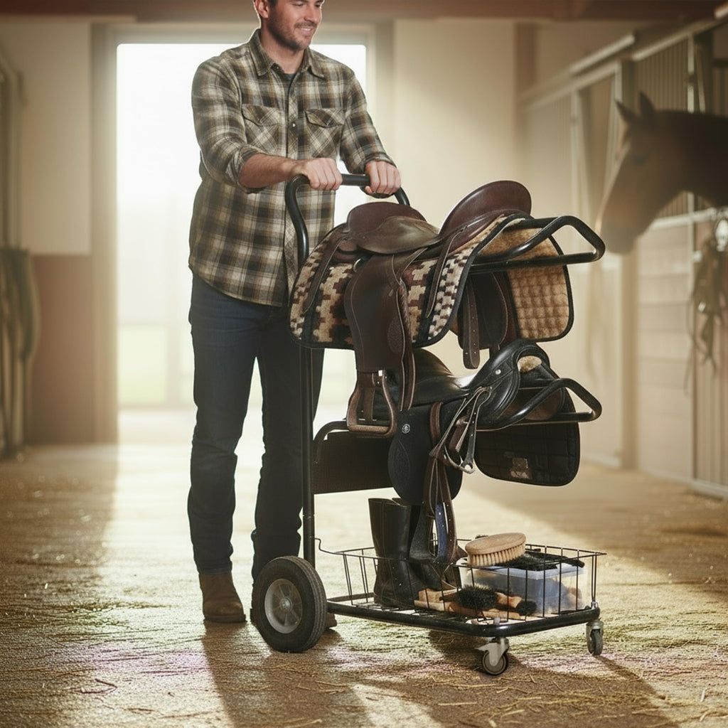 220 Lbs Rolling Saddle Rack Cart with Basket D275