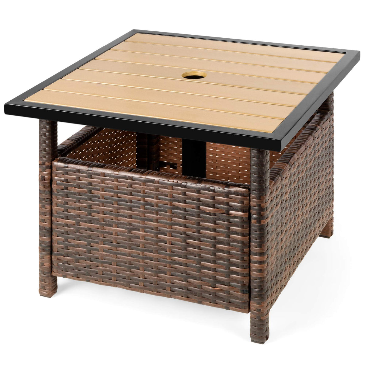 Brown Wicker Square Side Table with Umbrella Hole L169