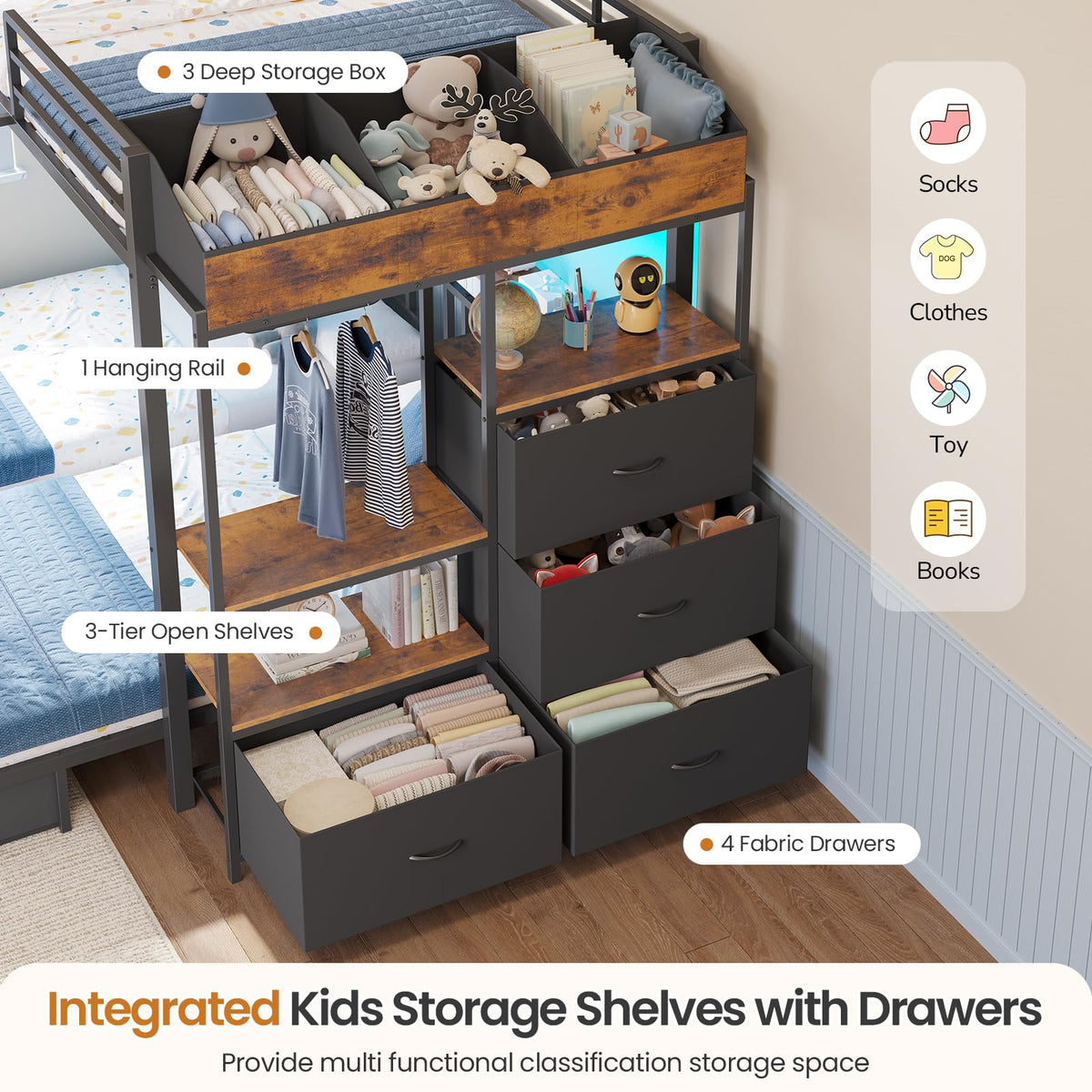 Black Triple Bunk Bed with 8 Storage Drawers and Stair V27205