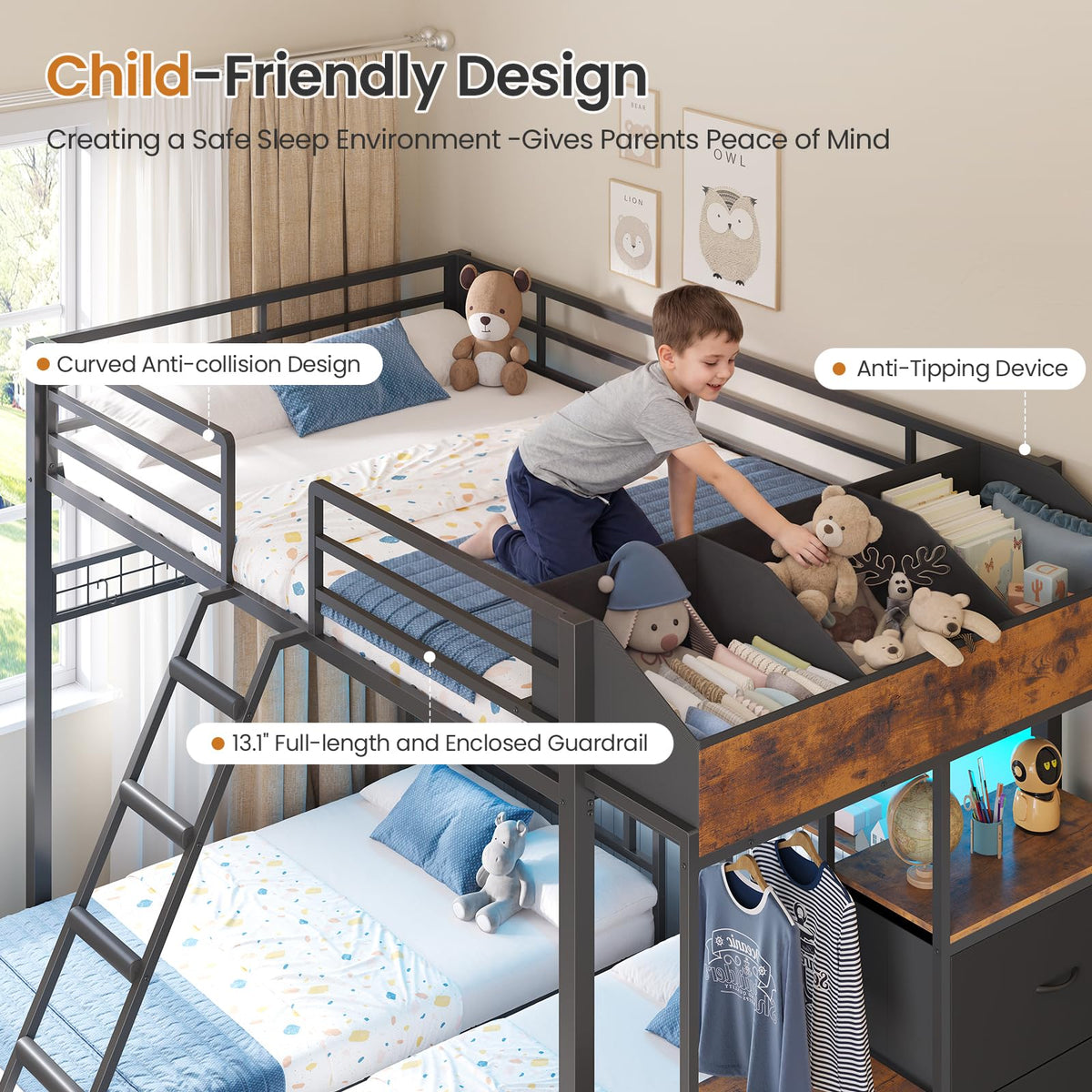 Black Triple Bunk Bed with 8 Storage Drawers and Stair V27205