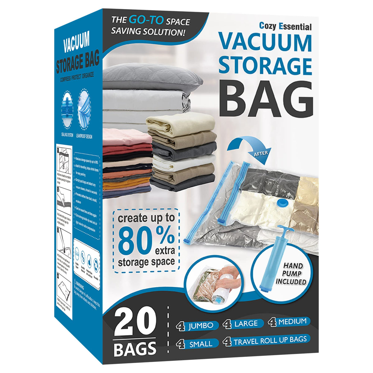 Vacuum Storage Bags with Hand Pump, 20 Combo B156