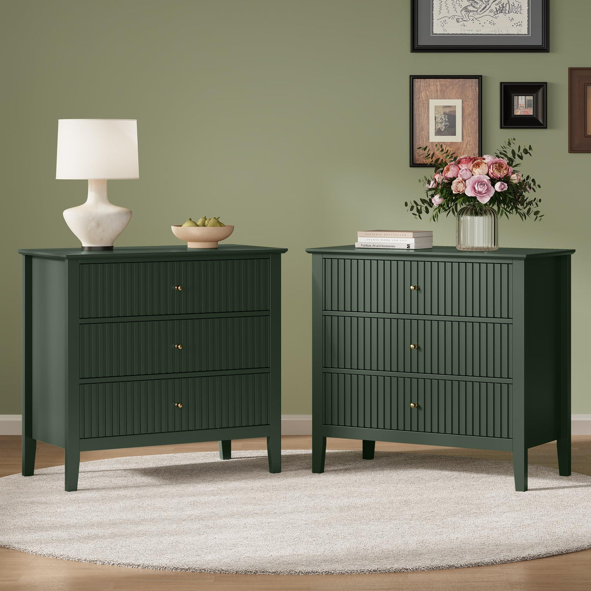 32" Dark Green 3 Drawer Nightstand Set of 2 B3111