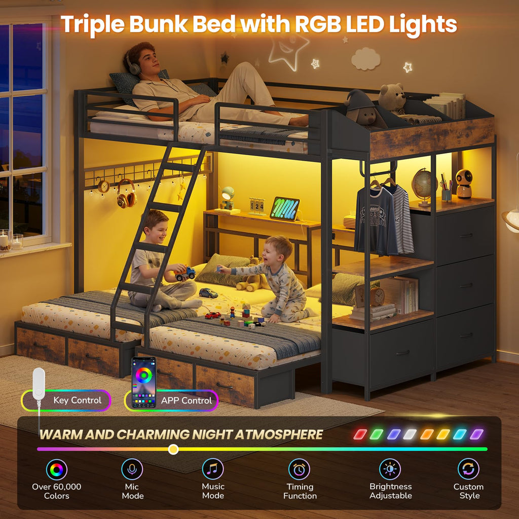 Black Triple Bunk Bed with 8 Storage Drawers and Stair V27205