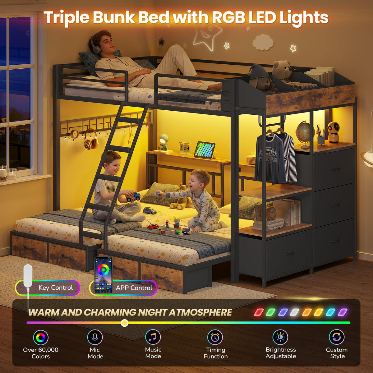 Black Triple Bunk Bed with 8 Storage Drawers and Stair V27205