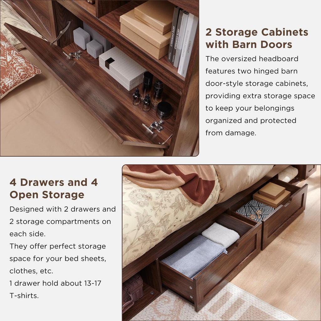 Queen Size Wood Bed Frame with Storage Headboard and 4 Drawers F881