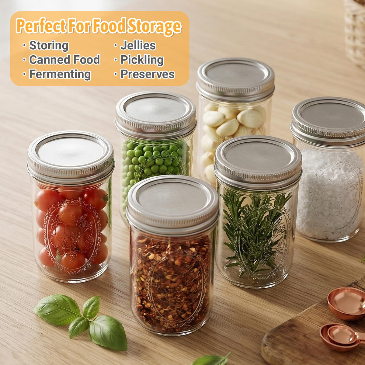16 oz 6 Pack Wide Mouth Mason Jars with Airtight Lids W468