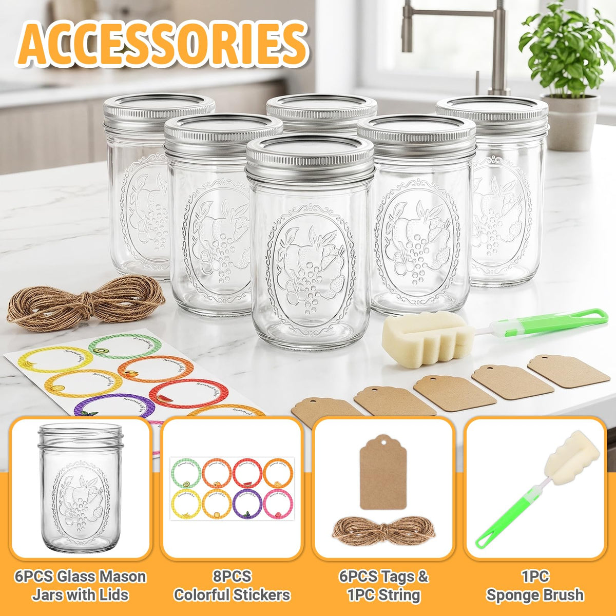 16 oz 6 Pack Wide Mouth Mason Jars with Airtight Lids W468