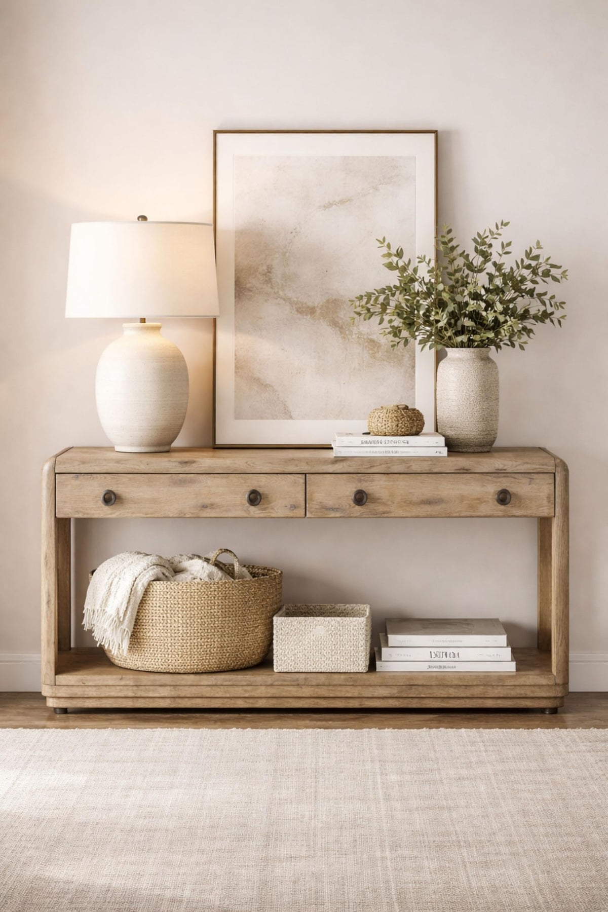 English Knotty Oak Console Table, Solid Wood and Engineered Wood Veneer, Two Self-Closing Drawers, Open Lower Shelf, Rounded Edges, 72 x 16 x 32.25 Inchs, Oak Finish W8725