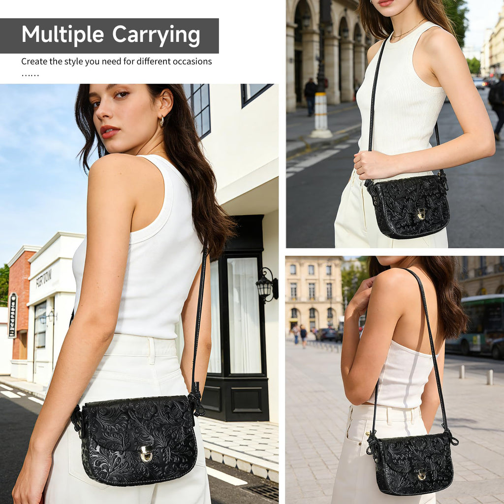 Genuine Leather Floral Embossed Crossbody Bag E382