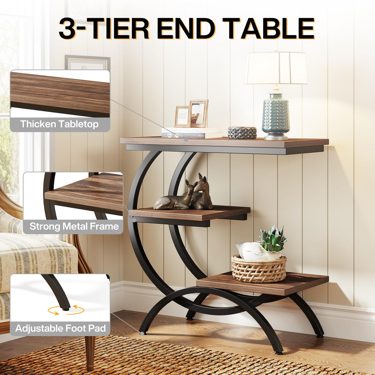 C-Shaped 3-Tier End Table with Curved Metal Frame N52230