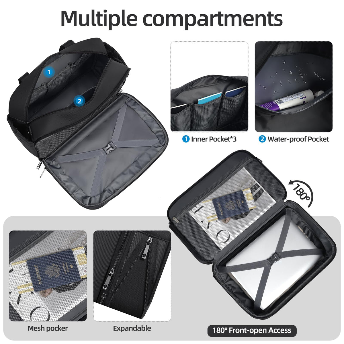 Black Expandable Carry-On Luggage Duffel Bag with Adjustable Strap R602597