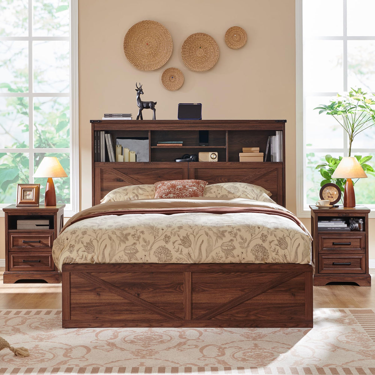 Queen Size Wood Bed Frame with Storage Headboard and 4 Drawers F881