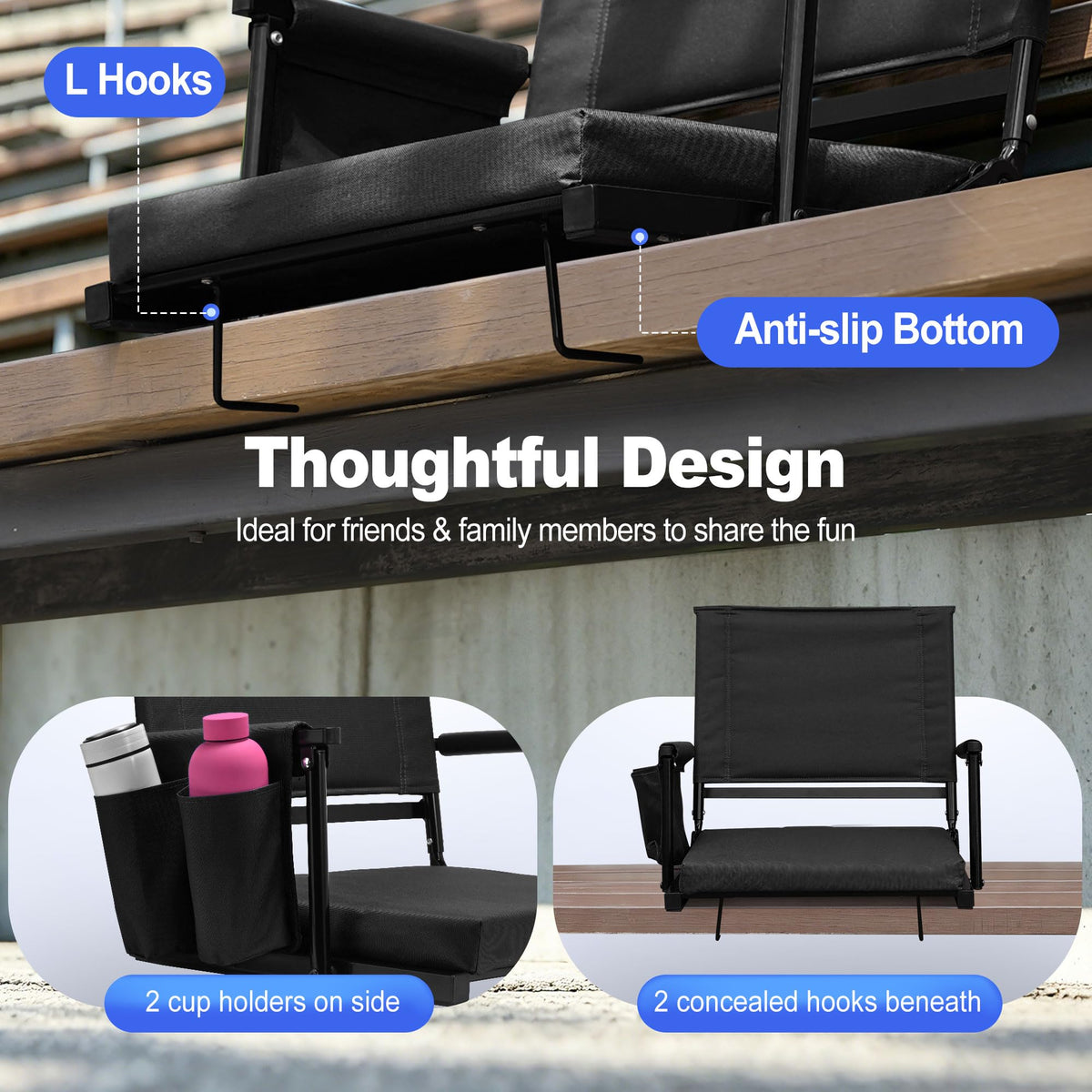 2 Packs Foldable Stadium Seats with Adjustable Backrest and Cup Holders Black S35650