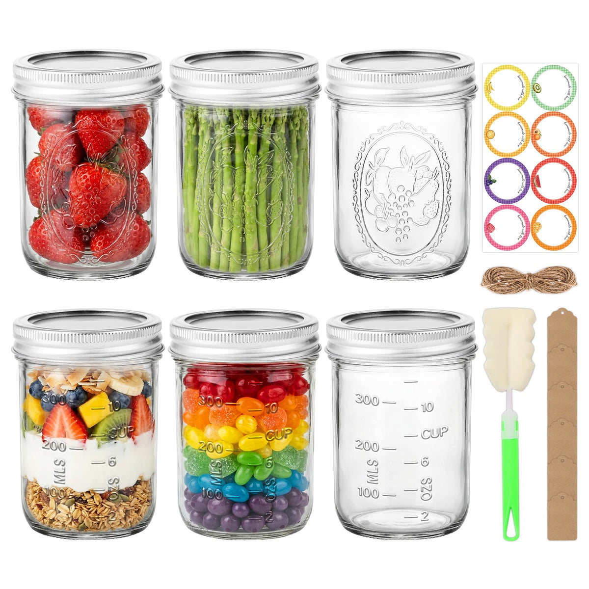 16 oz 6 Pack Wide Mouth Mason Jars with Airtight Lids W468