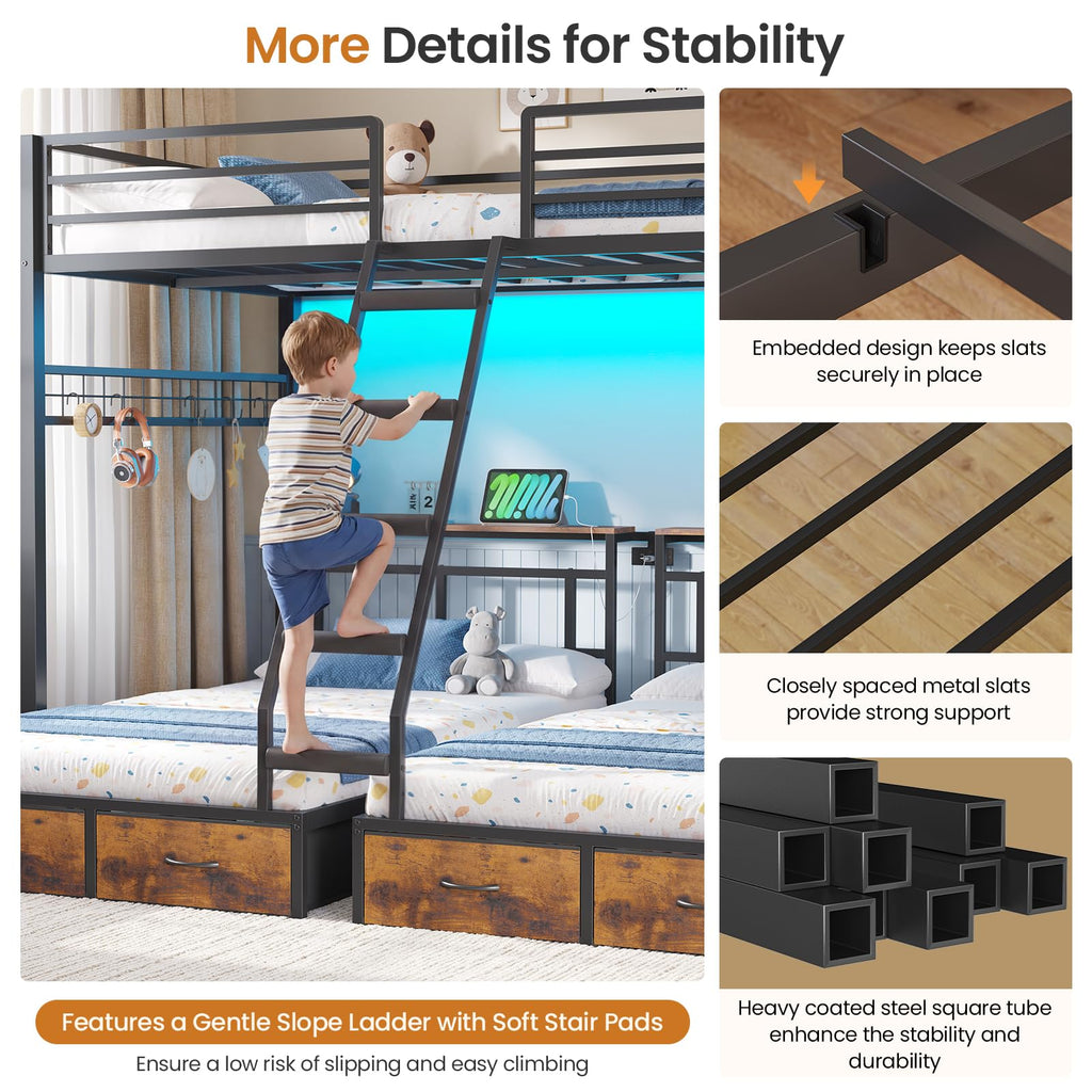 Black Triple Bunk Bed with 8 Storage Drawers and Stair V27205