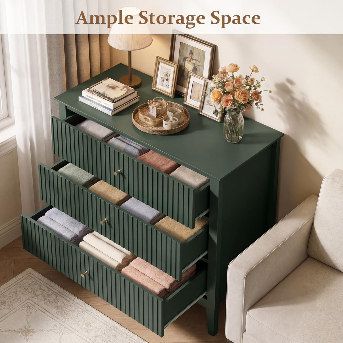32" Dark Green 3 Drawer Nightstand Set of 2 B3111