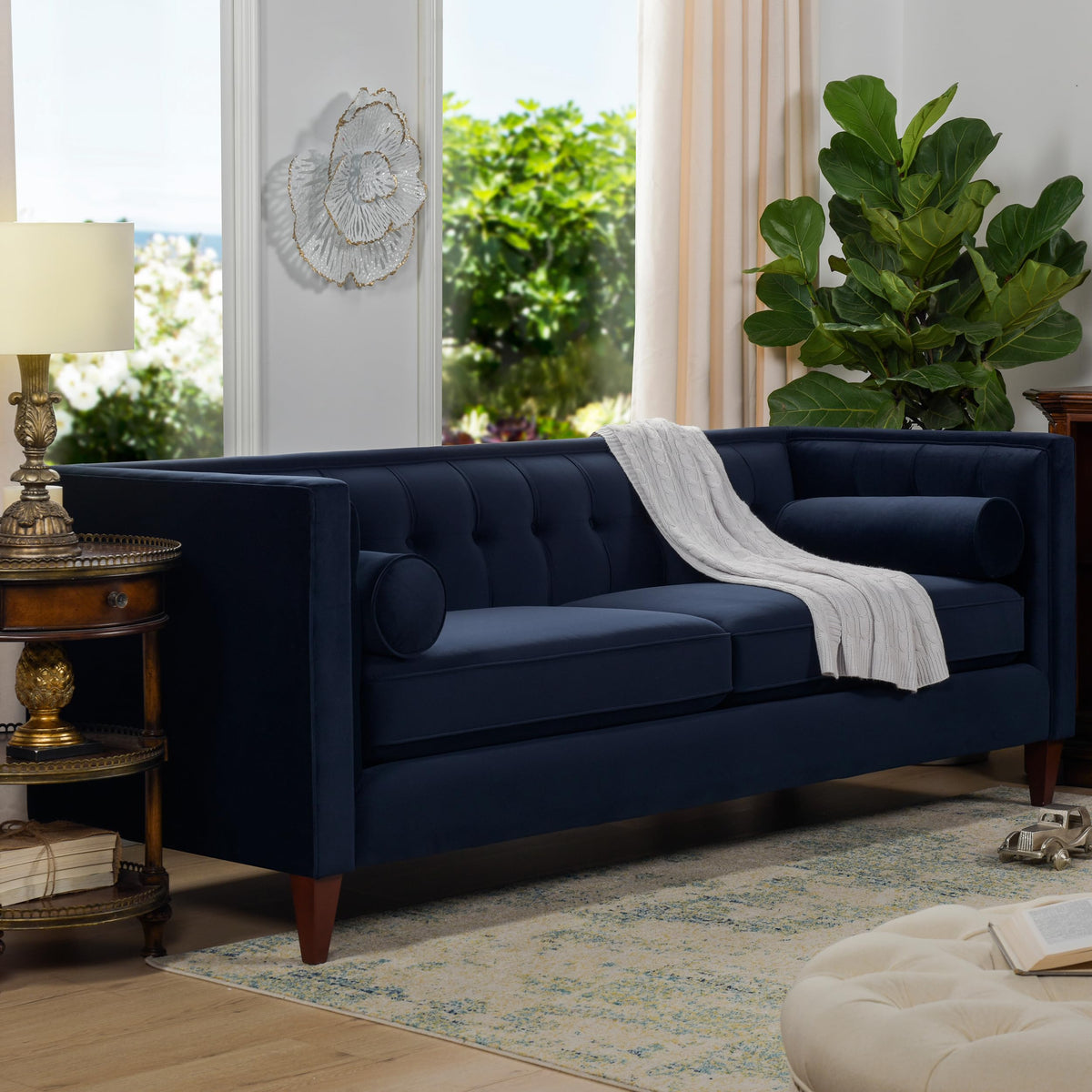 Dark Navy Blue Performance Velvet Tufted Sofa J7461