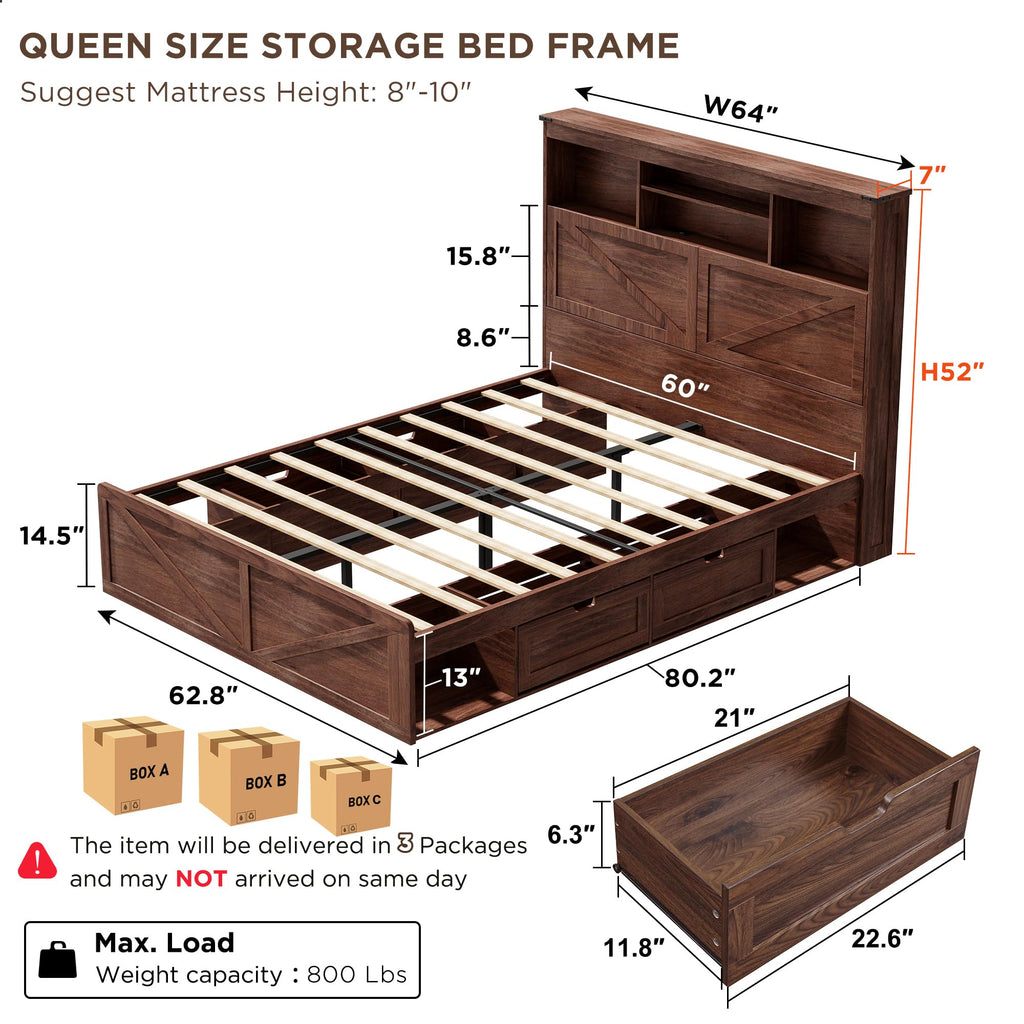 Queen Size Wood Bed Frame with Storage Headboard and 4 Drawers F881