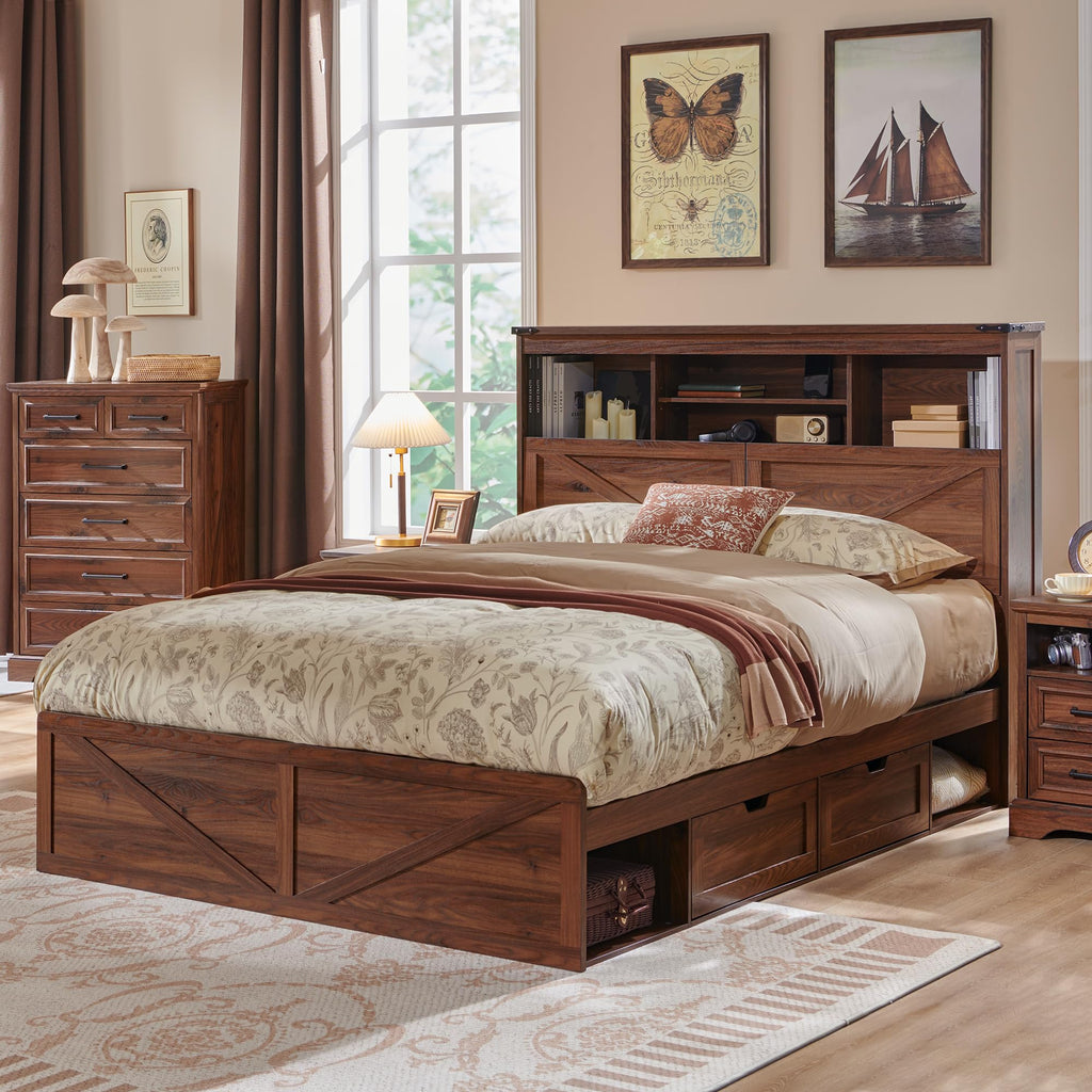 Queen Size Wood Bed Frame with Storage Headboard and 4 Drawers F881