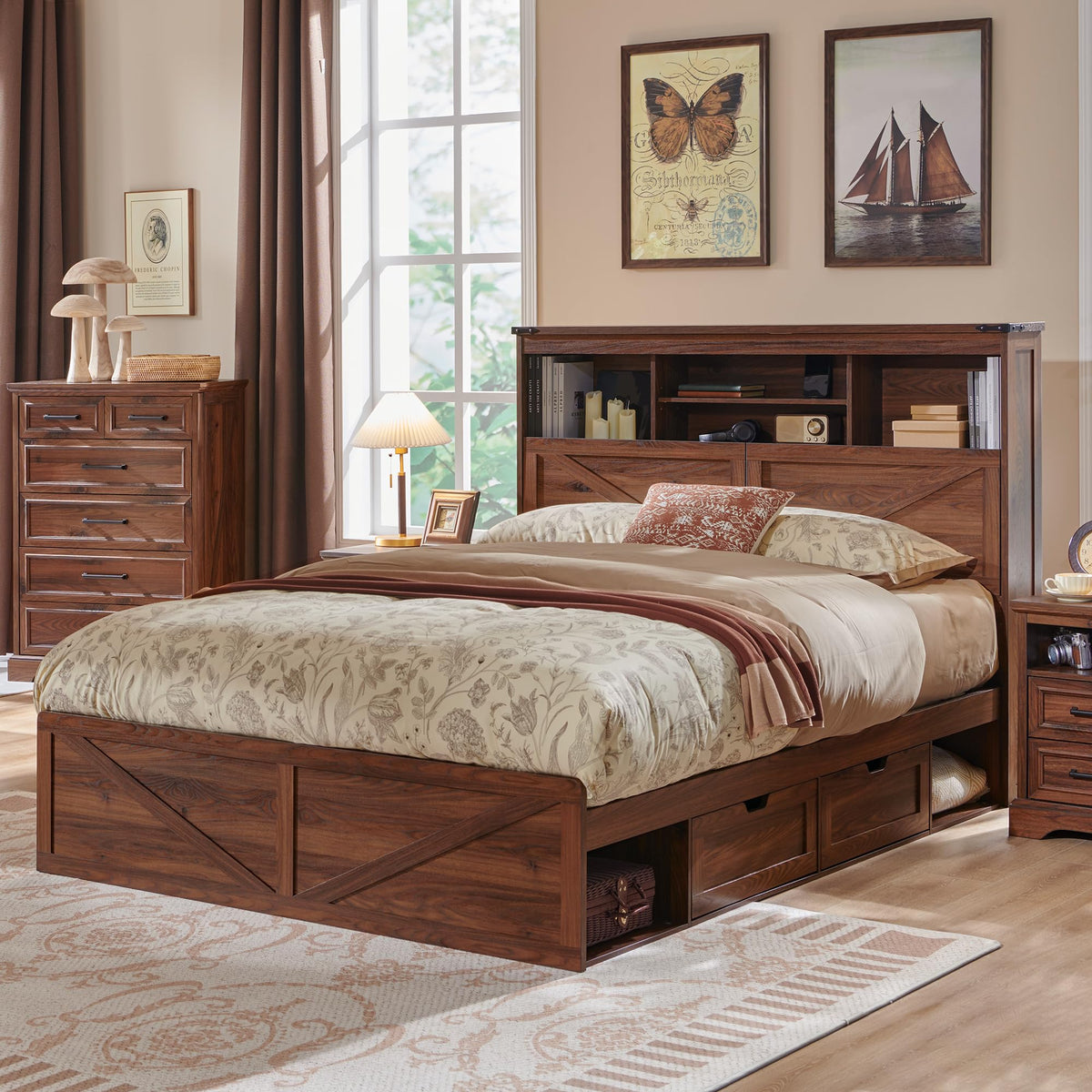 Queen Size Wood Bed Frame with Storage Headboard and 4 Drawers F881