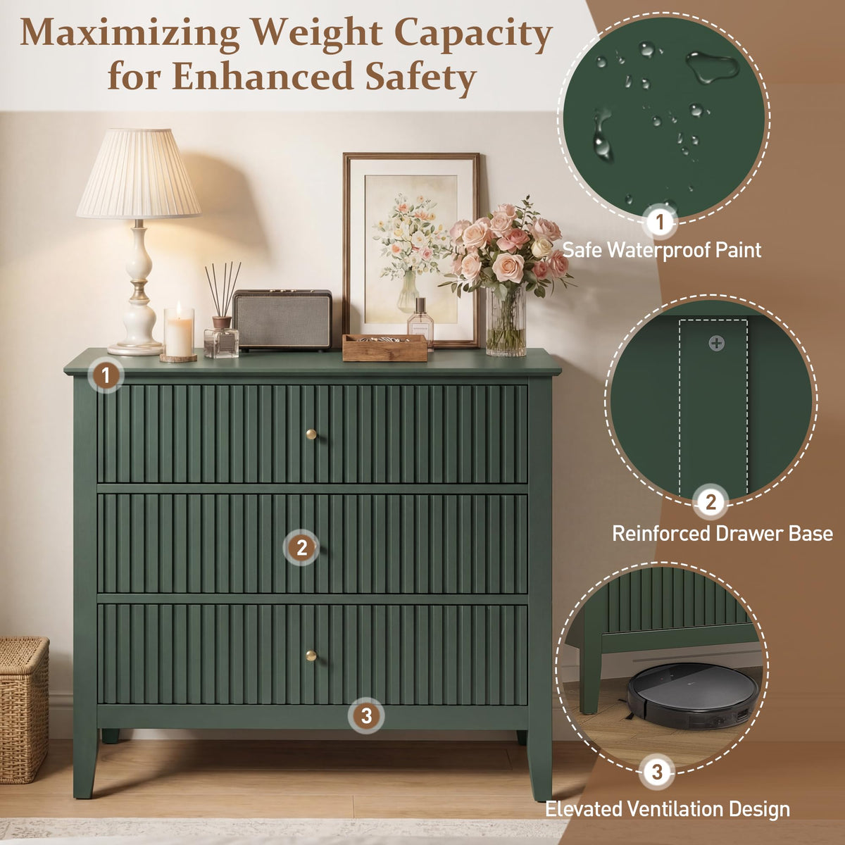 32" Dark Green 3 Drawer Nightstand Set of 2 B3111