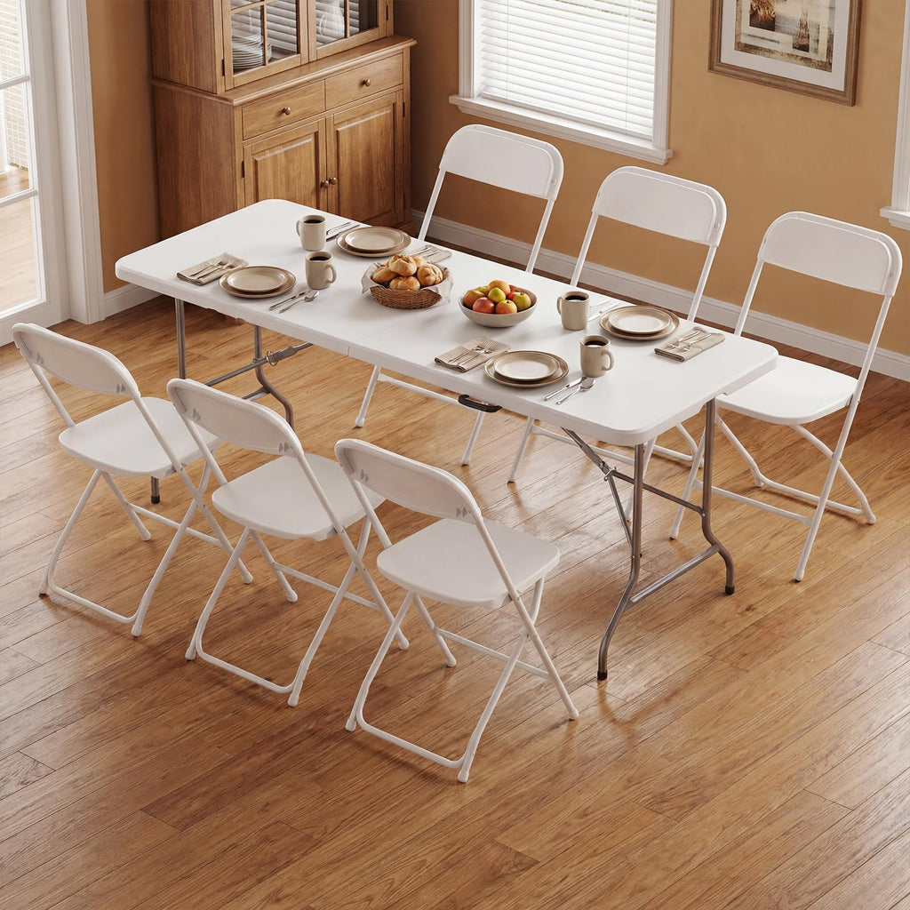 6 FT Folding Picnic Table with 6 Folding Chairs White E6906