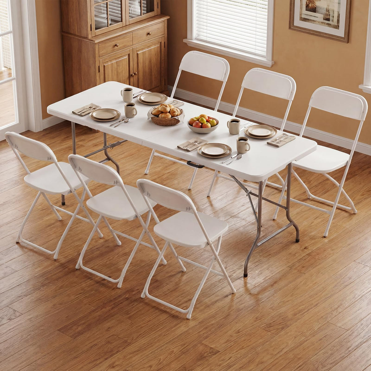 6 FT Folding Picnic Table with 6 Folding Chairs White E6906