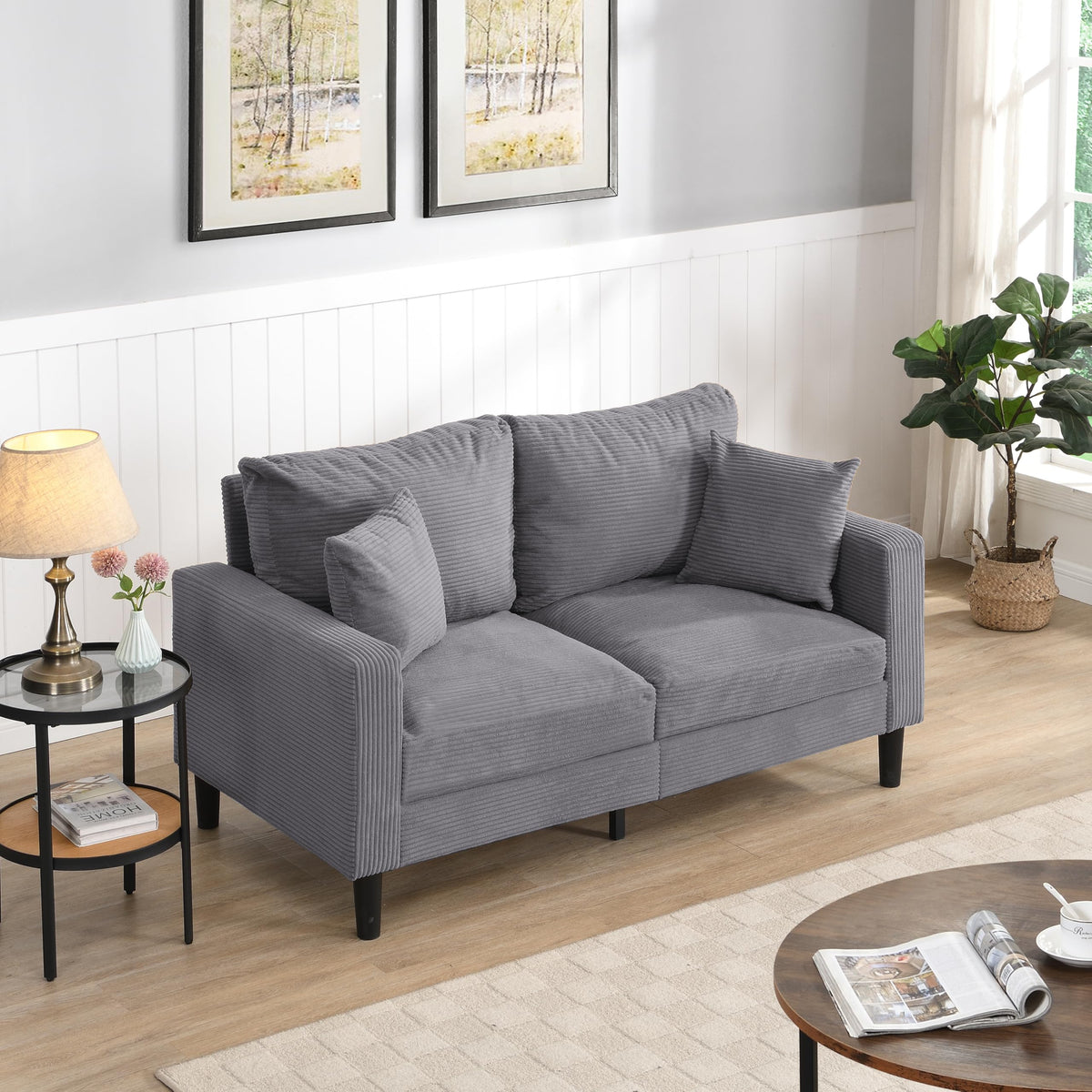 Oversized Corduroy Sofa with 2 Throw Pillows D814