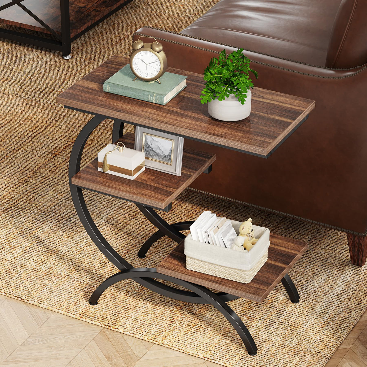 C-Shaped 3-Tier End Table with Curved Metal Frame N52230
