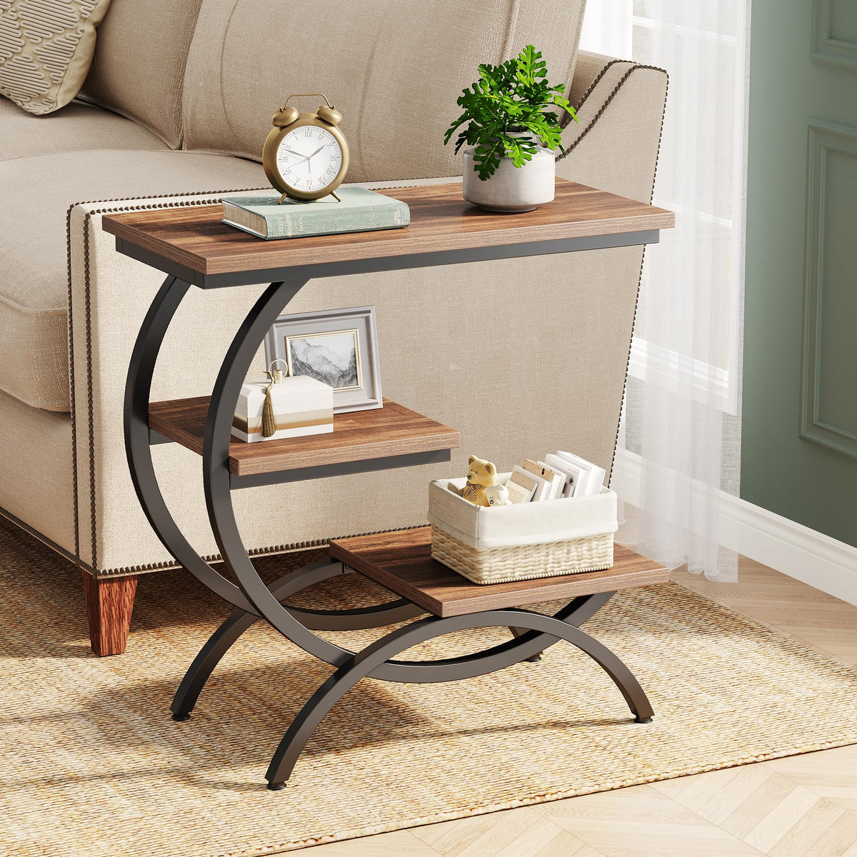 C-Shaped 3-Tier End Table with Curved Metal Frame N52230