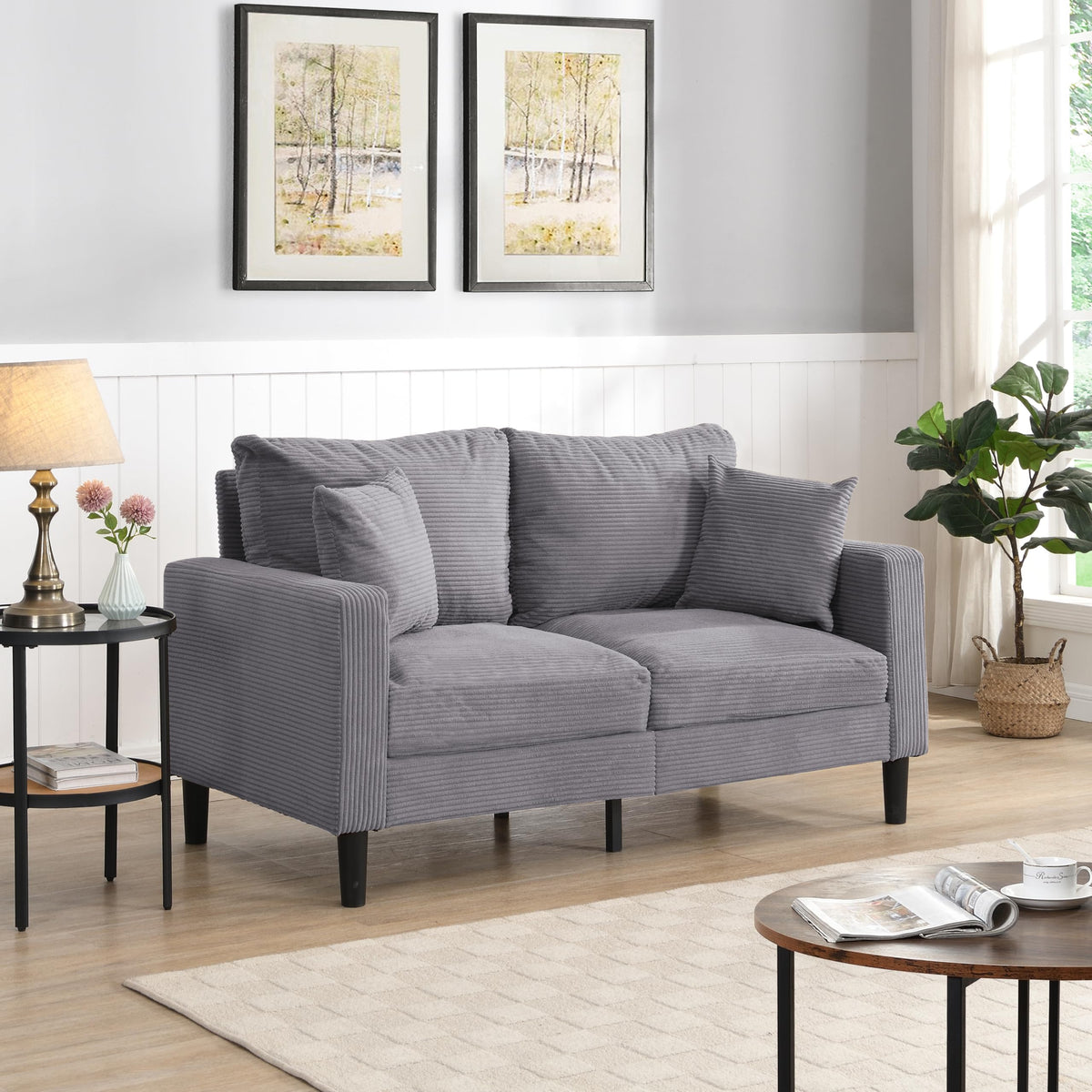 Oversized Corduroy Sofa with 2 Throw Pillows D814