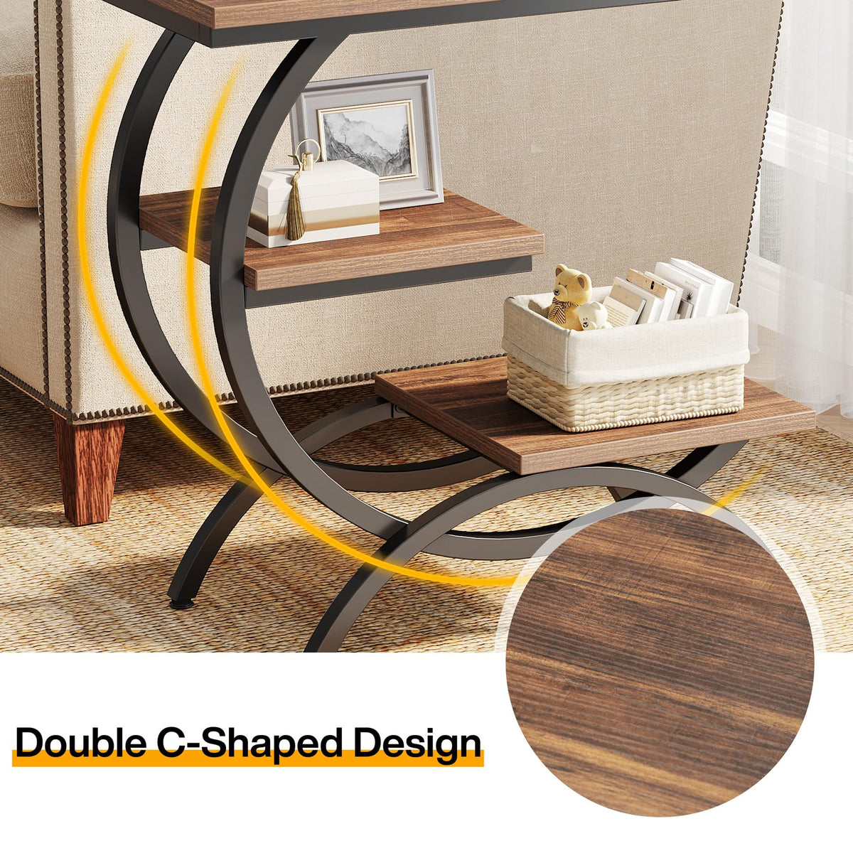 C-Shaped 3-Tier End Table with Curved Metal Frame N52230
