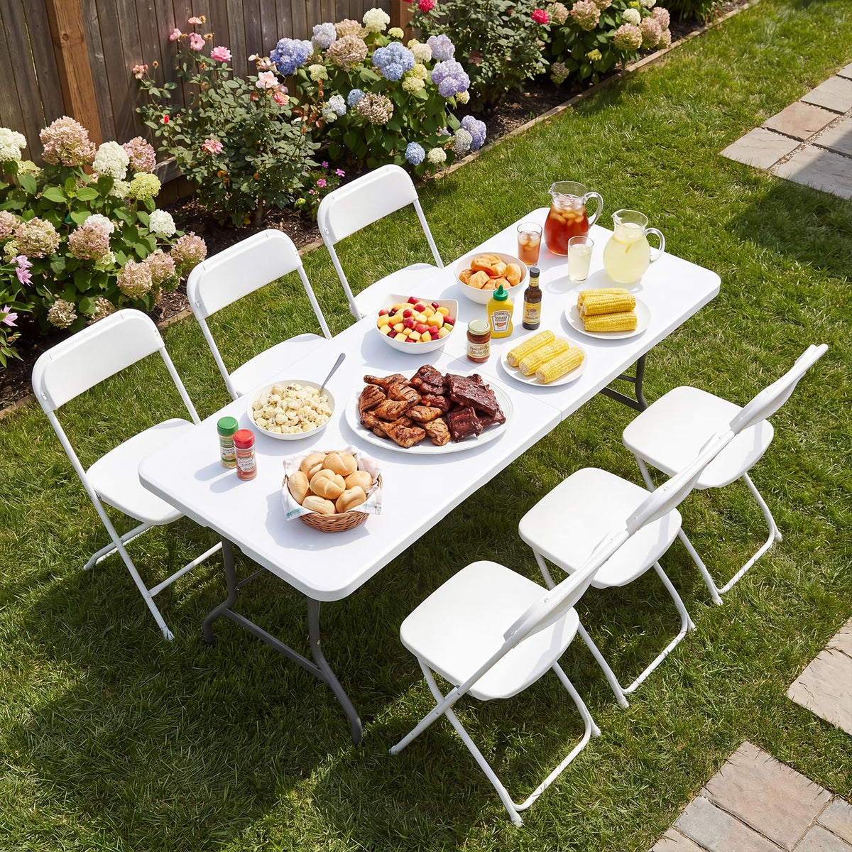 6 FT Folding Picnic Table with 6 Folding Chairs White E6906