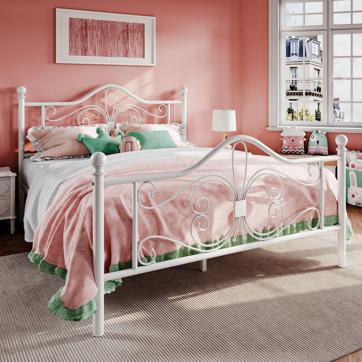 Full Size White Metal Bed Frame with Headboard C620